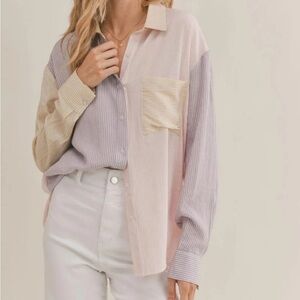 Sadie & Sage Pink Tan Oversized Beach Town Button Down Shirt
